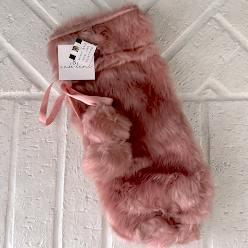 Mauve Pink Fur Wine Bag with Pom Pom Ties